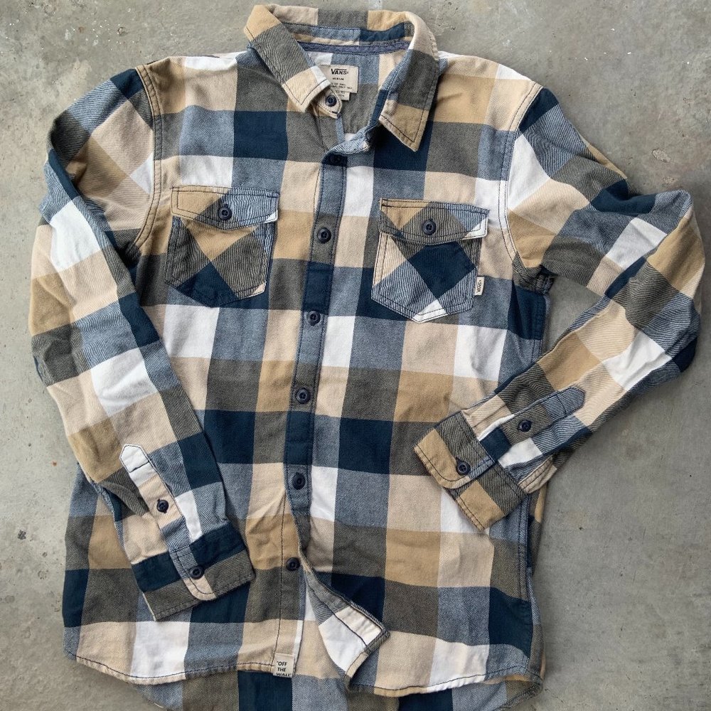 Vans Men's Blue White and Beige Plaid Flannel Long Sleeve Button Down Button up